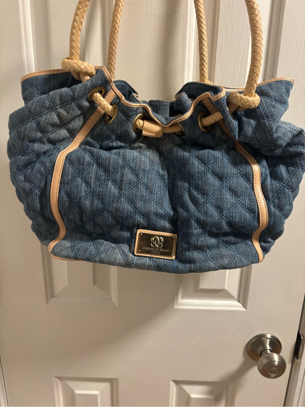Sharif Quilted Denim Drawstring Tote - Braided Leather Handles - EUC